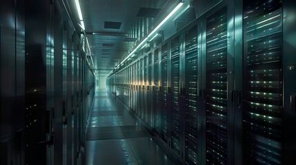 Obraz premium Hyper-realistic depiction of a data center facility featuring rows of meticulously arranged server racks illuminated by ambient lighting showcasing the backbone of digital infrastructure 