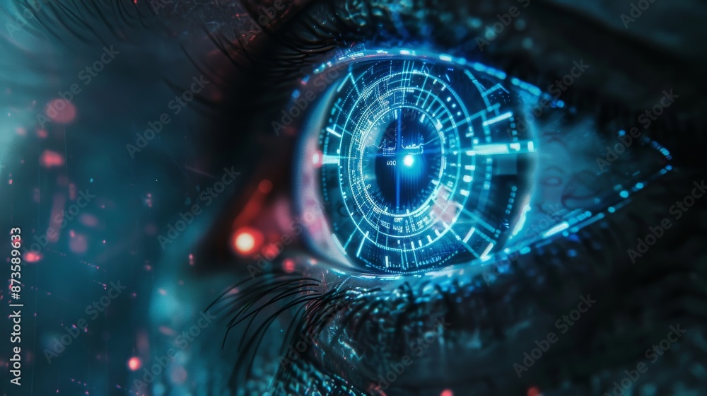 Poster futuristic cybernetic eye in dark tech space ai robot vision on digital background