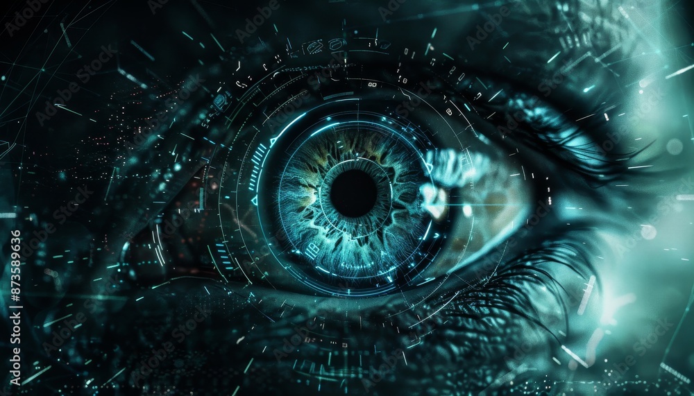 Poster dark tech space with futuristic cybernetic eye and ai robot vision on digital background