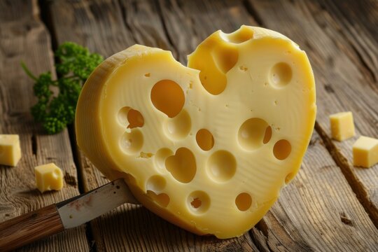 A romantic and appetizing heartshaped swiss cheese with holes on a rustic wooden table