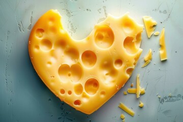 Creative heartshaped swiss cheese on a blue background with cheese crumbles around it