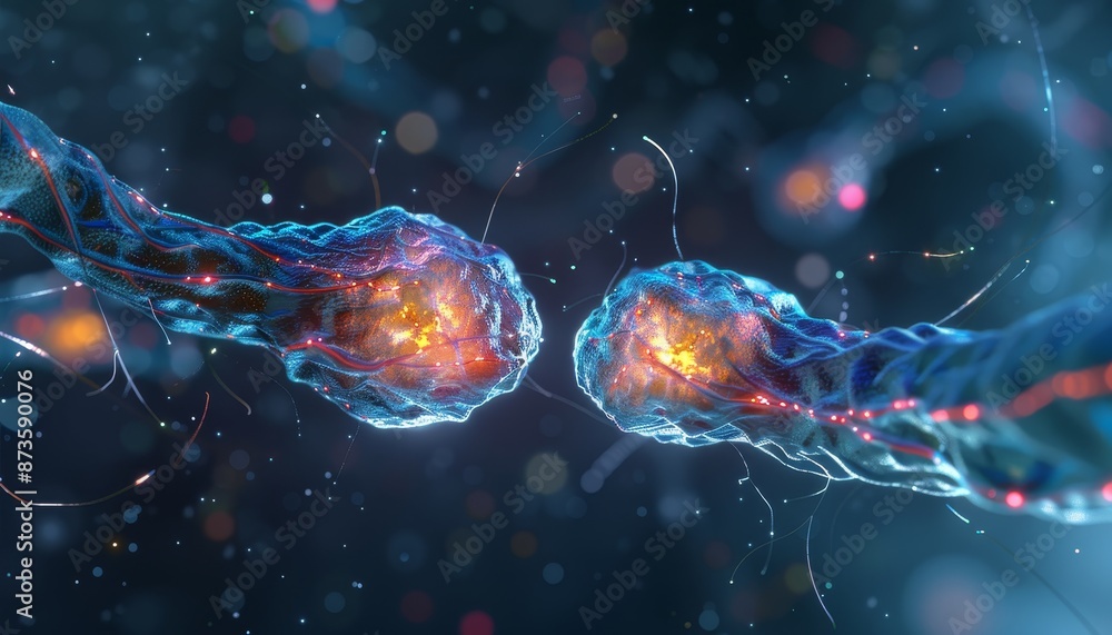 Poster 3d illustration showing two nerve cells interacting through a synapse connection