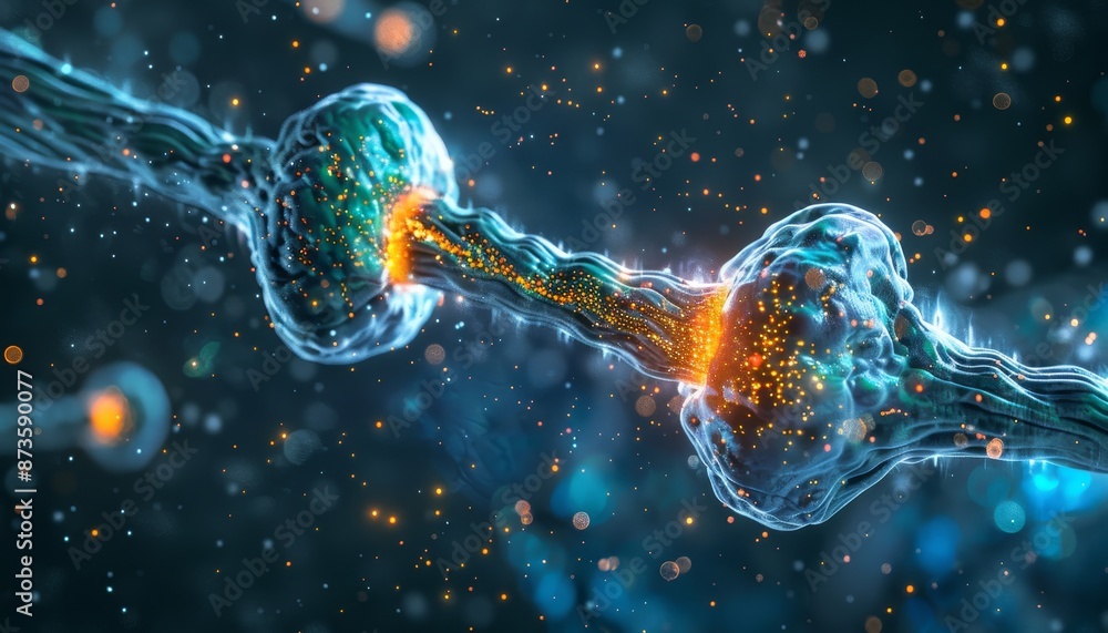 Poster 3d illustration of interconnected nerve cells with synapse communication in biological context