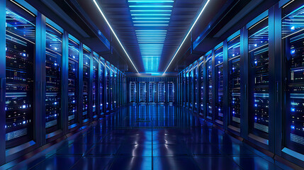 Photorealistic 3D representation of a server room with node-based programming data elements glowing blue lighting sleek and organized environment emphasis on advanced technology and data connectivity 