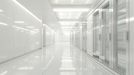 Photorealistic 3D representation of a white server room with sleek server racks and clean white walls soft ambient lighting modern and efficient design emphasis on simplicity and functionality 