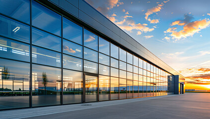 Obraz premium Modern warehouse with sunset reflections enhancing business technology atmosphere