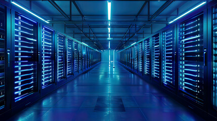 Fototapeta premium Photorealistic depiction of a datacenter's server room interior neatly arranged server racks with vibrant blue lighting high-tech data storage and network connectivity 