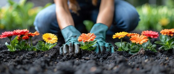Woman planting colorful flowers, clear white background, natural lighting