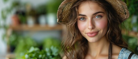 Fototapeta premium Young woman with gardening tools, clear white background, natural lighting