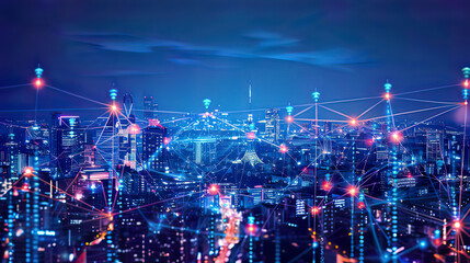 Photorealistic illustration showcasing a smart city and telecommunication network concept futuristic city skyline interconnected network lines bright lights focus on advanced urban infrastructure