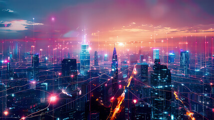 Fototapeta premium Photorealistic illustration showcasing a smart city and telecommunication network concept futuristic city skyline interconnected network lines bright lights focus on advanced urban infrastructure