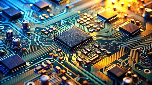 High-tech electronic circuit board background with close-up macro view of complex semiconductor chips connected to motherboard technology components.