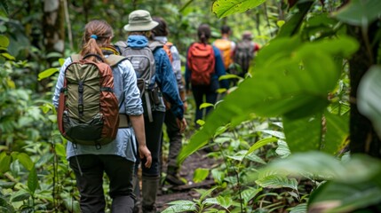 A group of tourists hiking through a dense forest following a marked trail to minimize impact on the environment. The text reads Discover hidden ecotourism gems with our sustainable.