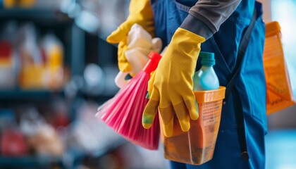 Professional janitor with cleaning supplies ready for tasks with blurred background