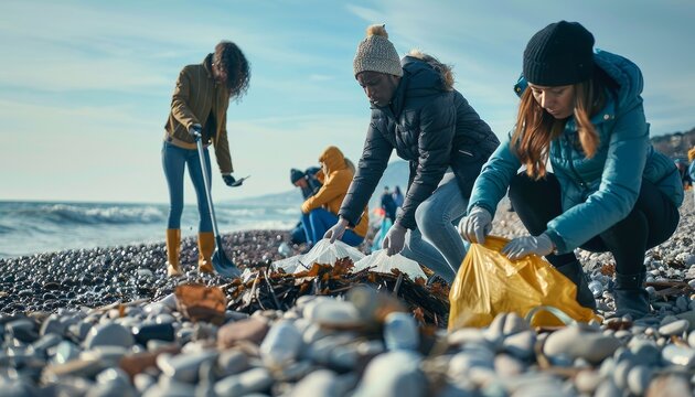 Diverse volunteers cleaning beach debris in cool toned outfits on peaceful afternoon