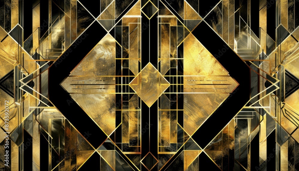 Poster art deco design with intricate geometric patterns in black and gold, creating a stylish composition 