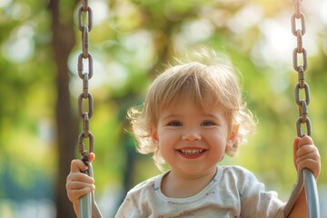 Girl swinging in the park, smiling happily.