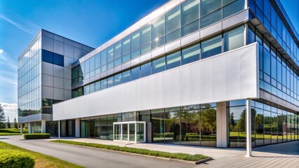 Obraz premium Clean and modern white banner elegantly wrapped around a sleek, contemporary business building's facade, conveying professionalism.