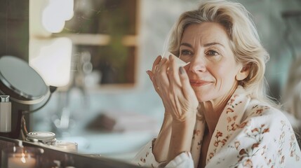 Gorgeous mid age older adult 50 years old blonde woman wears bathrobe in bathroom applying nourishing antiage face skin care cream treatment, looking at mirror doing daily morning beauty routine. 