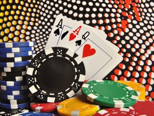 Obraz premium Close-up of poker chips and playing cards with a vibrant dotted background, representing a casino and gambling theme.