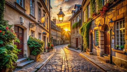 Fototapeta premium Serene empty cobblestone street lined with ancient buildings and ornate lanterns in soft warm golden morning light of sunrise.