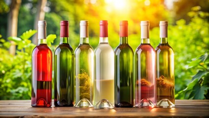 Luxurious wine bottles with blank labels, showcasing pink, white, and red varieties, set against a vibrant summer green background.