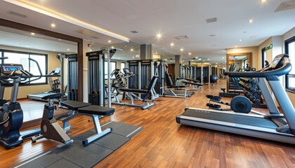 High quality image displaying a variety of gym equipment in a fitness center interior