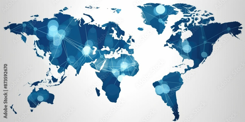 Poster stylized blue network connections on world map background representing global communication concept.