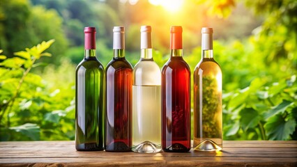 Vibrant pink, white, and red wine bottles with blank mock-up labels are arranged artfully against a lush summer green backdrop.