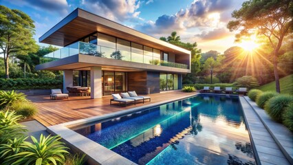 Fototapeta premium Luxurious modern house with sparkling blue infinity pool surrounded by lush greenery and sun-kissed outdoor lounge area.