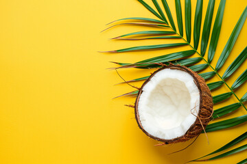 Top view of coconut with palm leaf on yellow background