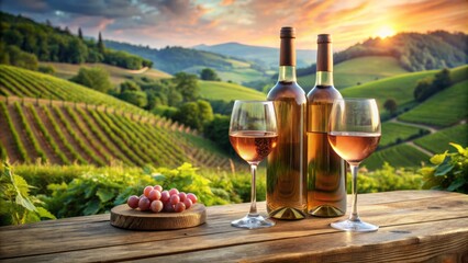 Elegant bottle of pink wine sits alongside two glasses on rustic wooden table amidst vineyards and rolling green hills scenery.