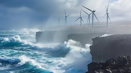 Fototapeta premium Wind Turbines on a Rugged Coastline