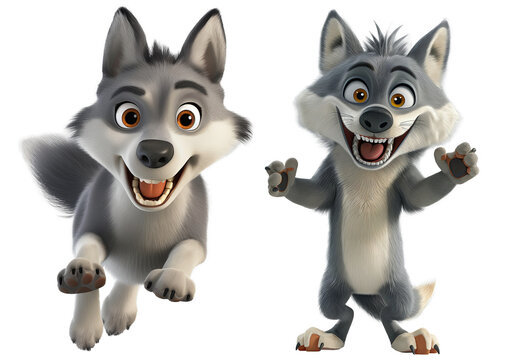 set of cute gray wolf in action. 3D cartoon animation style.