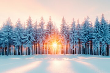 Stunning winter sunrise over a snow-covered forest, casting warm light through the trees and creating a serene, tranquil winter wonderland.