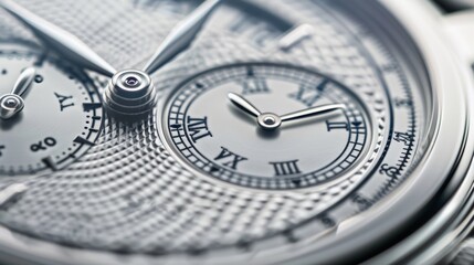 An upclose look at a silver watch dial showcasing the fine guillochÃ© pattern on the inner dial and the polished outer ring.