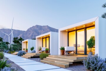 Modern eco-friendly tiny houses with outdoor seating, mountain background, and wind turbine on sustainable landscape at dusk.