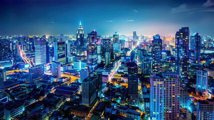 Obraz premium Ultra-detailed view of an abstract Bangkok skyline at night with bright wireless network lines connecting modern architecture deep blue sky city lights reflecting on surfaces 