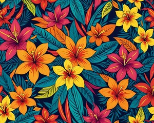 Bright, vibrant tropical floral pattern with yellow, orange and red hibiscus flowers on a dark teal background.