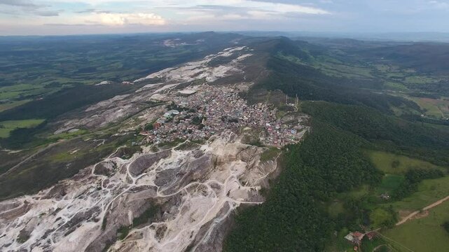 Aerial view of S&atilde;o Thom&eacute; das Letras and quartzite mine, Serra da Mantiqueira regiona, Minas Gerais, Brazil