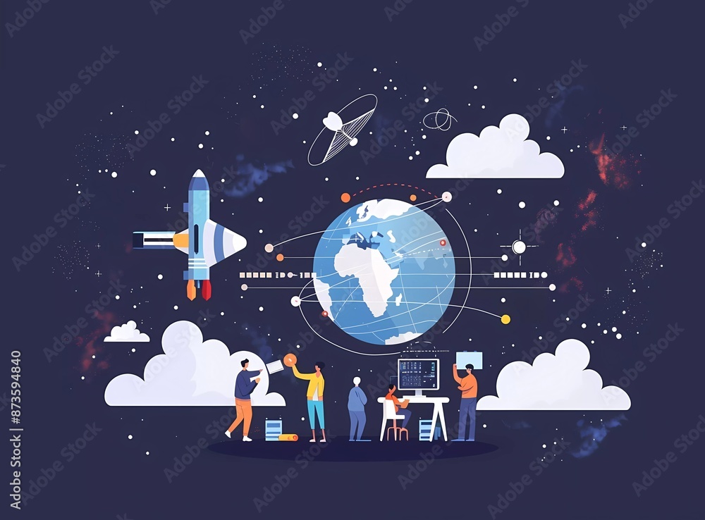 Poster flat vector illustration of a group of people working on a cloud file system in the style of flat de