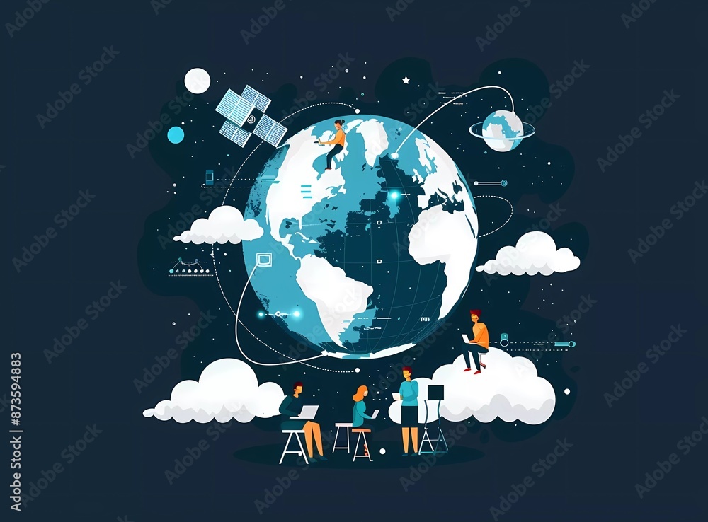 Poster flat vector illustration of a group of people working on a cloud file system in the style of flat de