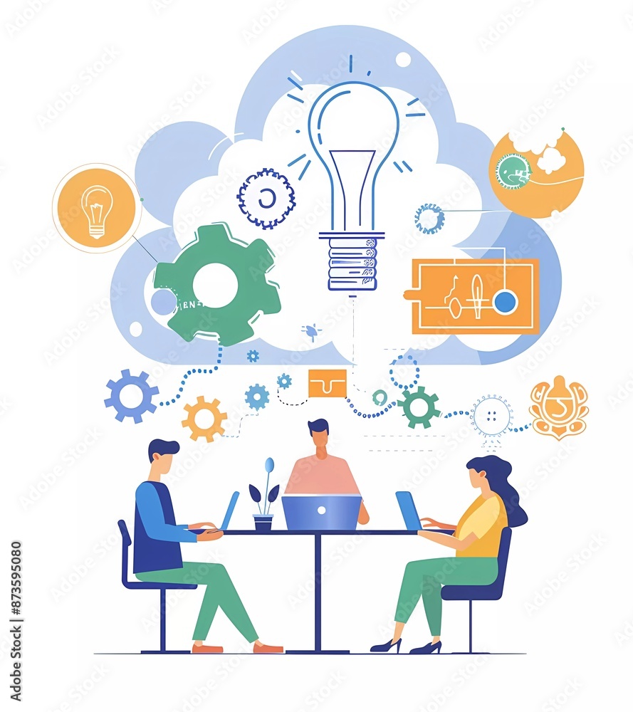 Poster flat vector illustration of people working together in front of the clouds, with simple lines and fl