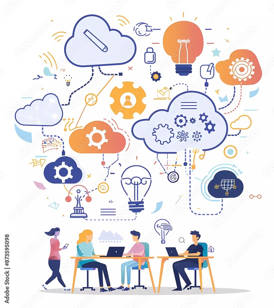 Poster flat vector illustration of people working together in front of the clouds, with simple lines and fl