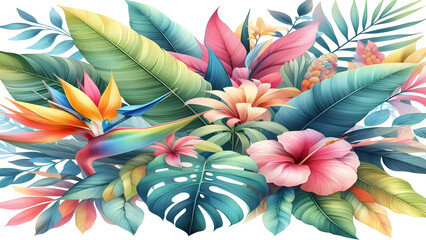 Colorful tropical watercolor spring floral leaves