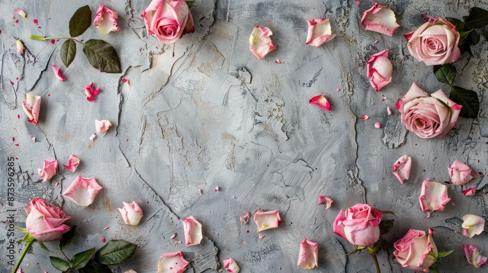 Poster roses framework on gray background with copy space texture floral pattern
