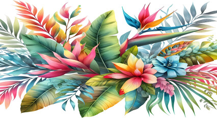 Colorful tropical watercolor spring floral leaves