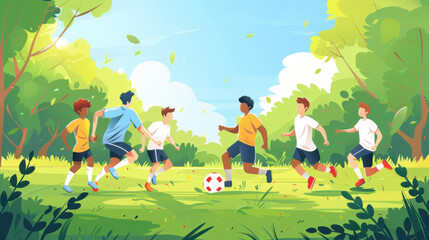 Obraz premium A group of kids playing soccer in a sunny park, enjoying a fun and energetic outdoor activity.