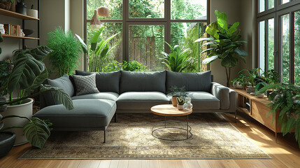 Modern scandinavian interior of living room with design grey sofa, armchair, a lot of plants, coffee table, carpet and personal accessories in cozy home decor. Template.