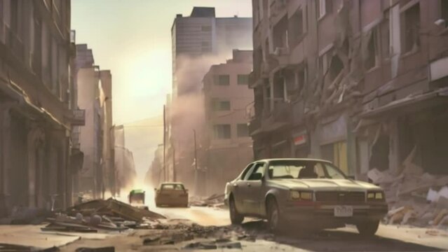 A Post-Apocalyptic City Street with Dust and Debris, Featuring Abandoned Cars Amidst Ruined Buildings and a Hazy Sky.